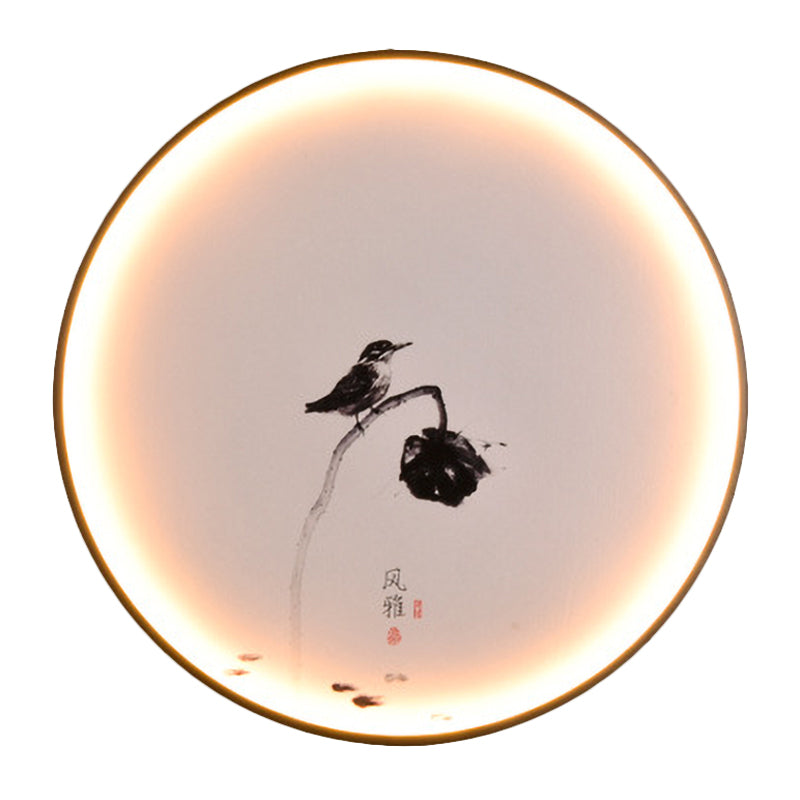 Bird and Lotus LED Mural Light Chinese Style Aluminum Dining Room Circular Flush Mount Sconce in Black Clearhalo 'Wall Lamps & Sconces' 'Wall Lights' Lighting' 1125629