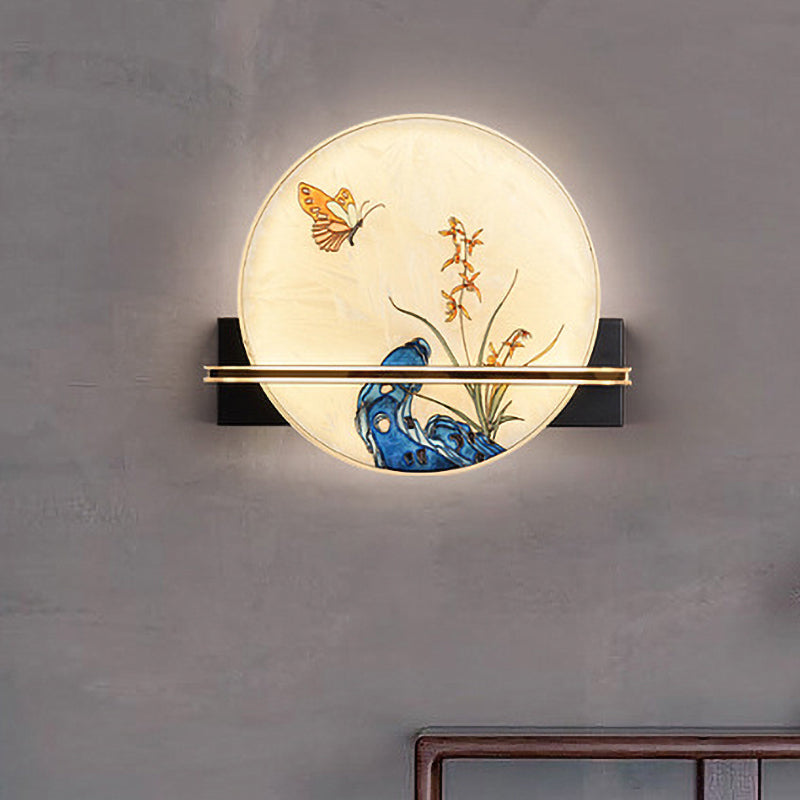 Butterfly LED Mural Light Fixture Asia Stained Glass Tearoom Circular Wall Mounted Lamp in Blue Blue Clearhalo 'Wall Lamps & Sconces' 'Wall Lights' Lighting' 1125631