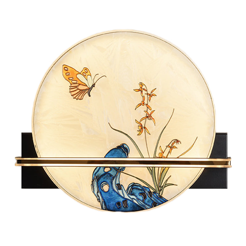 Butterfly LED Mural Light Fixture Asia Stained Glass Tearoom Circular Wall Mounted Lamp in Blue Clearhalo 'Wall Lamps & Sconces' 'Wall Lights' Lighting' 1125633