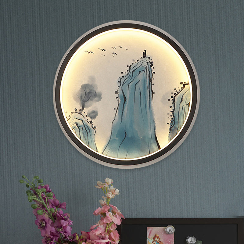 Blue Mount Tai Drawing Mural Lamp Chinese Aluminum LED Circular Sconce Lighting Fixture Clearhalo 'Wall Lamps & Sconces' 'Wall Lights' Lighting' 1125645