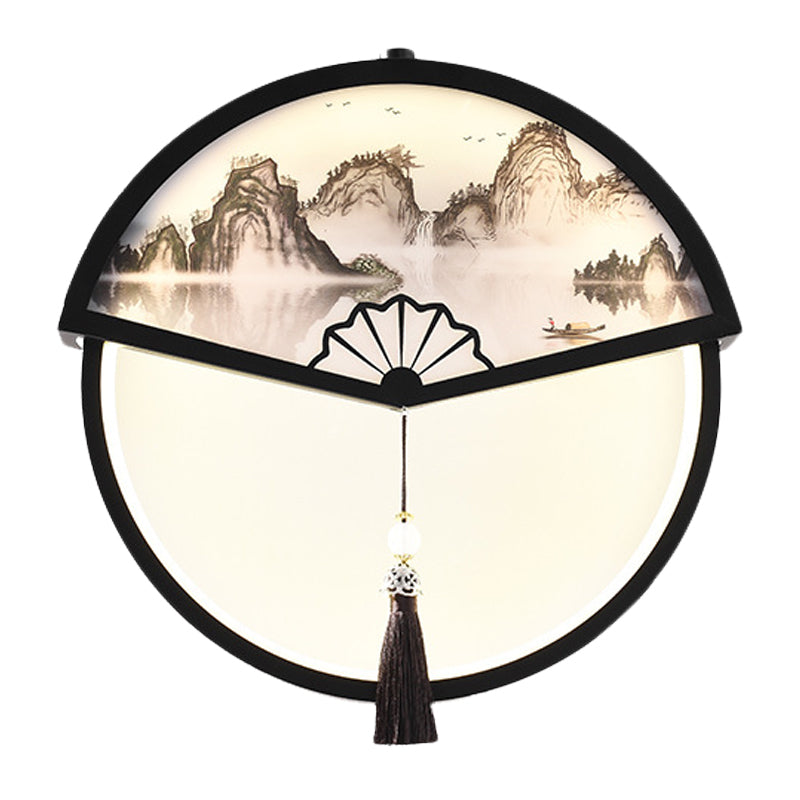 Tree/Mountain Scene Wall Mural Light Chinese Metal Black Fan-Shaped LED Wall Mounted Lamp with Tassel Knot Clearhalo 'Wall Lamps & Sconces' 'Wall Lights' Lighting' 1125650