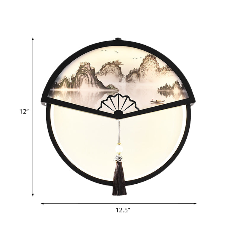 Tree/Mountain Scene Wall Mural Light Chinese Metal Black Fan-Shaped LED Wall Mounted Lamp with Tassel Knot Clearhalo 'Wall Lamps & Sconces' 'Wall Lights' Lighting' 1125651