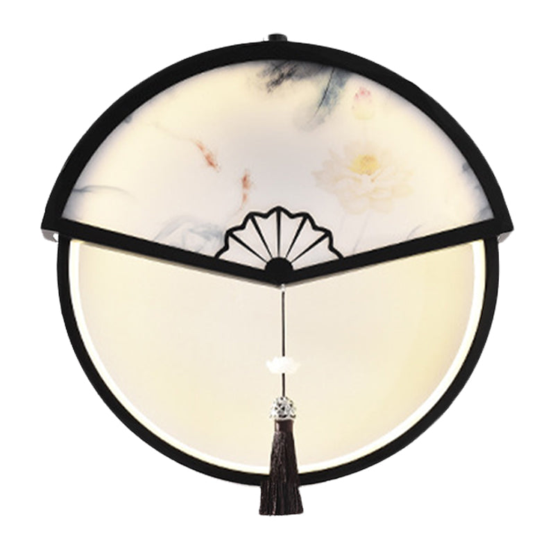 Tree/Mountain Scene Wall Mural Light Chinese Metal Black Fan-Shaped LED Wall Mounted Lamp with Tassel Knot Clearhalo 'Wall Lamps & Sconces' 'Wall Lights' Lighting' 1125655