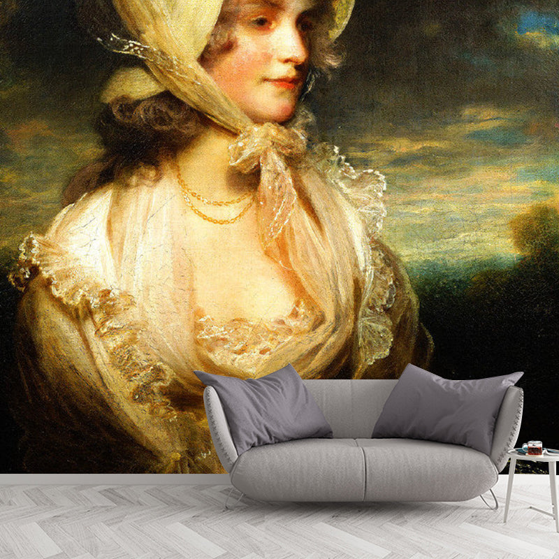 Full Elegant Lady Wall Art in Beige and Yellow Non-Woven Mural Wallpaper for Bedroom, Custom-Made Clearhalo 'Wall Decor' 'Wall Mural' 1125677