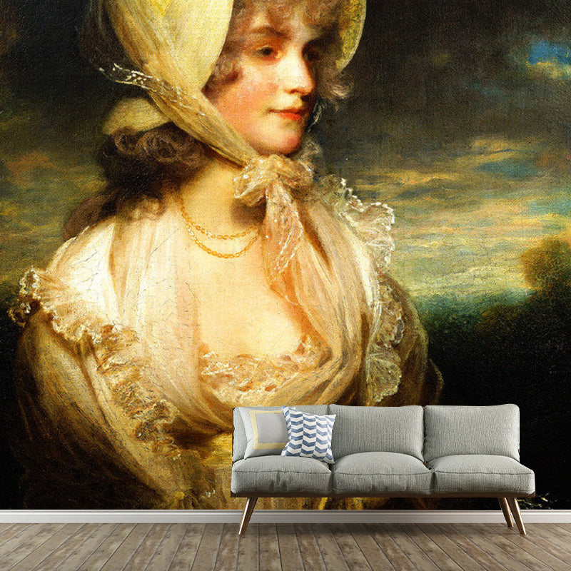 Full Elegant Lady Wall Art in Beige and Yellow Non-Woven Mural Wallpaper for Bedroom, Custom-Made Clearhalo 'Wall Decor' 'Wall Mural' 1125678