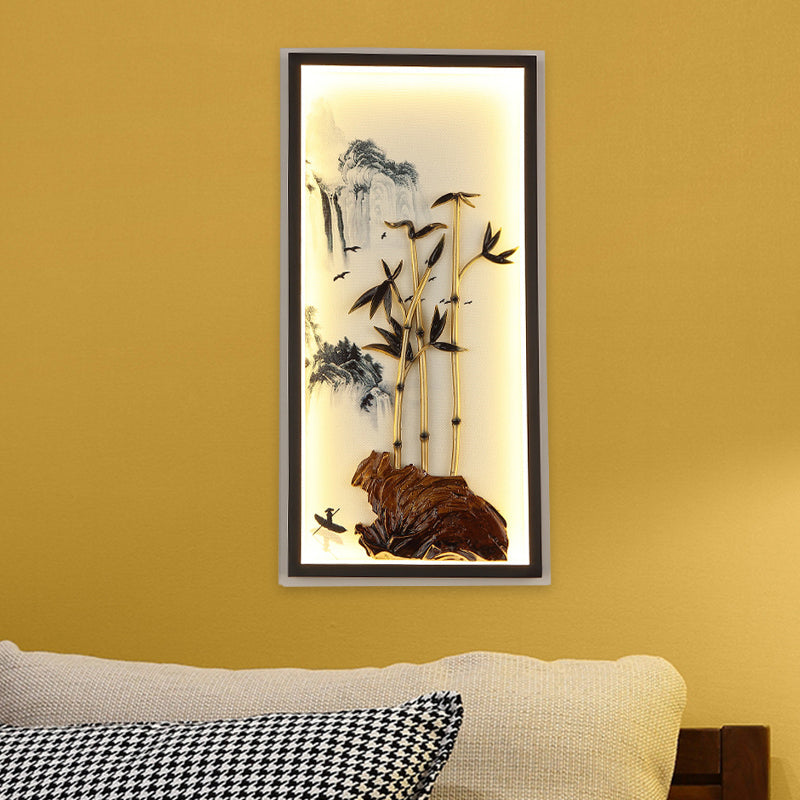 Chinese LED Wall Light Fixture Black Bamboo and Mountain Mural Lamp with Metal Frame Black Clearhalo 'Wall Lamps & Sconces' 'Wall Lights' Lighting' 1125852