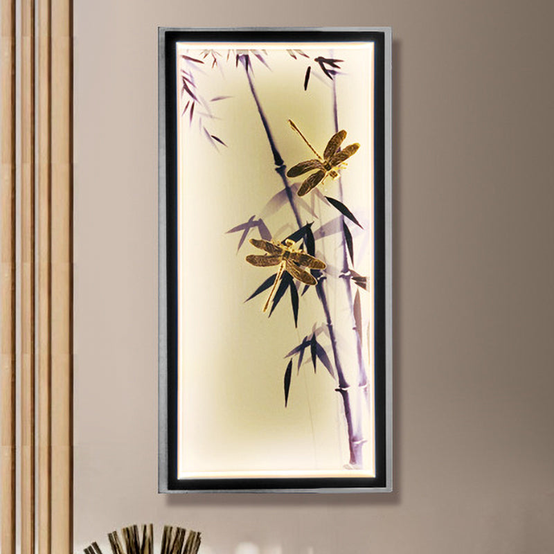 Bedroom LED Mural Lighting Chinese Black Wall Lamp with Dragonfly and Bamboo Print Fabric Shade Clearhalo 'Wall Lamps & Sconces' 'Wall Lights' Lighting' 1125861