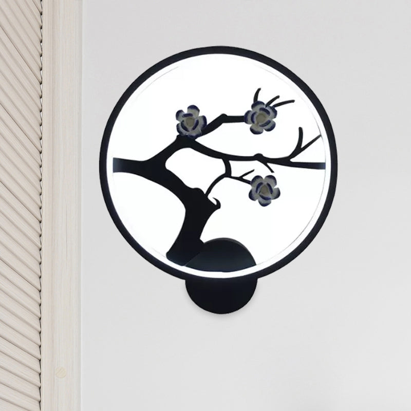 Flower Branch Silhouette Sconce Light Chinese Iron Black Ring LED Wall Mount Mural Lamp Clearhalo 'Wall Lamps & Sconces' 'Wall Lights' Lighting' 1126120