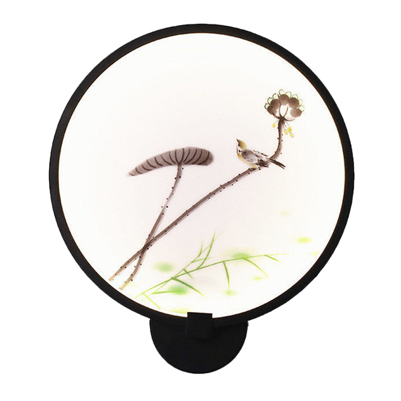 Chinese Ink House/Lotus Mural Light Acrylic Bedroom LED Circle Wall Sconce Light in Black Clearhalo 'Wall Lamps & Sconces' 'Wall Lights' Lighting' 1126138