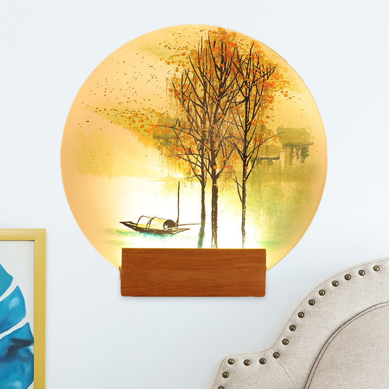 Goldfish/Boat Bedside Mural Lamp Acrylic Asian LED Disc Wall Light Sconce with Wooden Arm Clearhalo 'Wall Lamps & Sconces' 'Wall Lights' Lighting' 1126161