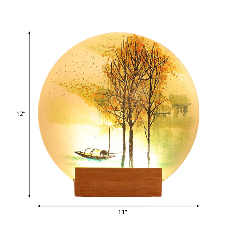 Goldfish/Boat Bedside Mural Lamp Acrylic Asian LED Disc Wall Light Sconce with Wooden Arm Clearhalo 'Wall Lamps & Sconces' 'Wall Lights' Lighting' 1126163