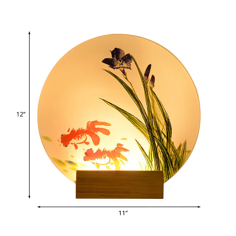 Goldfish/Boat Bedside Mural Lamp Acrylic Asian LED Disc Wall Light Sconce with Wooden Arm Clearhalo 'Wall Lamps & Sconces' 'Wall Lights' Lighting' 1126168