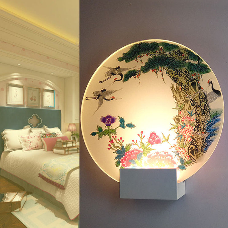 White Disc Shaped Wall Mounted Lamp Chinese LED Acrylic Mural Light with Halcyon and Peony Pattern White Clearhalo 'Wall Lamps & Sconces' 'Wall Lights' Lighting' 1126169