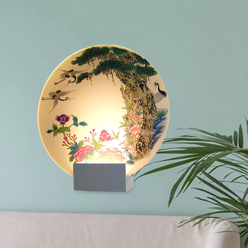 White Disc Shaped Wall Mounted Lamp Chinese LED Acrylic Mural Light with Halcyon and Peony Pattern Clearhalo 'Wall Lamps & Sconces' 'Wall Lights' Lighting' 1126170