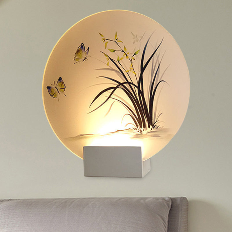 Moon Shaped Acrylic Wall Mount Lighting Asian White LED Mural Lamp with Butterfly and Orchid Pattern Clearhalo 'Wall Lamps & Sconces' 'Wall Lights' Lighting' 1126187