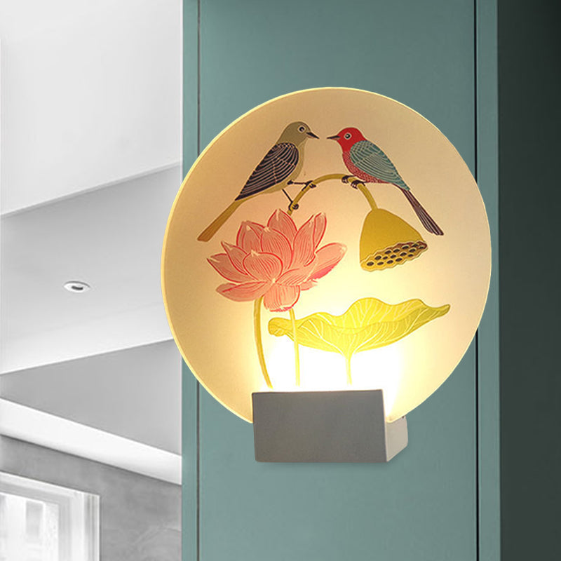 Asia Lovebird and Lotus Mural Lamp Acrylic Bedroom LED Wall Mounted Lighting in White Clearhalo 'Wall Lamps & Sconces' 'Wall Lights' Lighting' 1126191