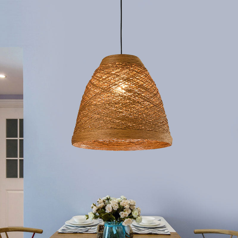 Weave Tapered Pendant Lamp Lodge Style 1 Light Dining Table Hanging Light Fixture in Orange/Brown Brown Clearhalo 'Ceiling Lights' 'Modern Pendants' 'Modern' 'Pendant Lights' 'Pendants' Lighting' 1126801