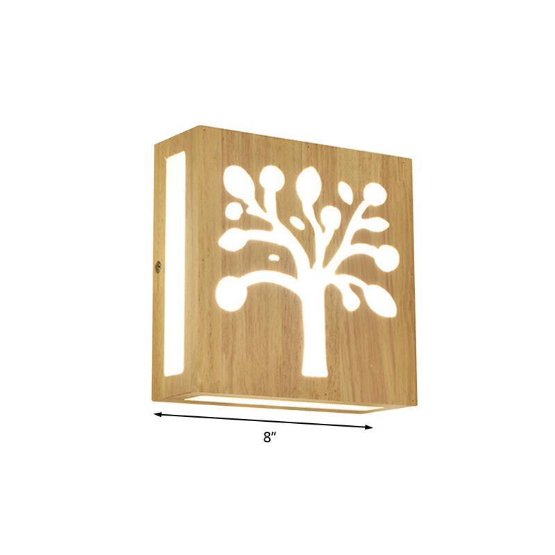 Wood Square Wall Light with Cute Pattern Modern LED Wall Sconce in Beige for Bedside Clearhalo 'Modern wall lights' 'Modern' 'Wall Lamps & Sconces' 'Wall Lights' Lighting' 1127640