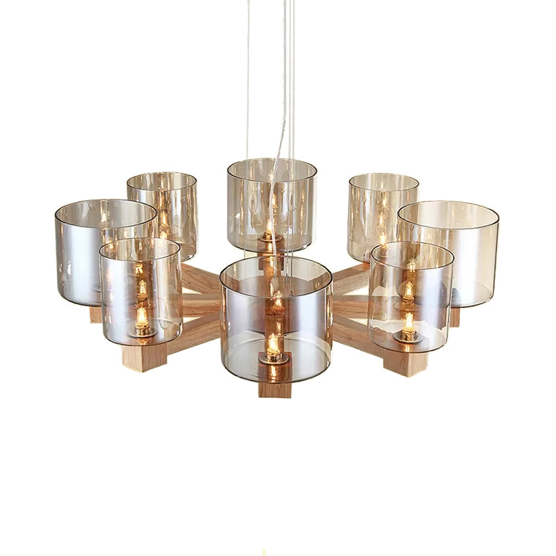 Wood Cylinder Chandelier Light with Radial Design Industrial 4/6/8 Lights Amber Glass Hanging Pendant Lamp Clearhalo 'Ceiling Lights' 'Chandeliers' 'Glass shade' 'Glass' 'Modern Chandeliers' 'Modern' Lighting' 112908