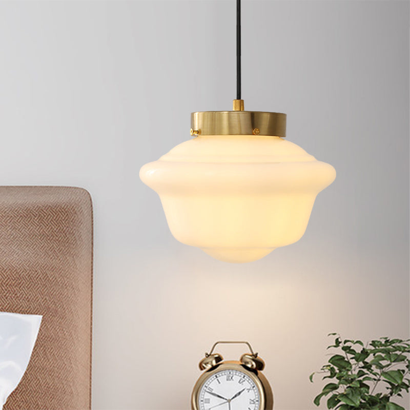 Gyro Shaped White Glass Pendant Minimalist Single Brass Hanging Ceiling Light for Restaurant White Clearhalo 'Ceiling Lights' 'Glass shade' 'Glass' 'Modern Pendants' 'Modern' 'Pendant Lights' 'Pendants' Lighting' 1135695