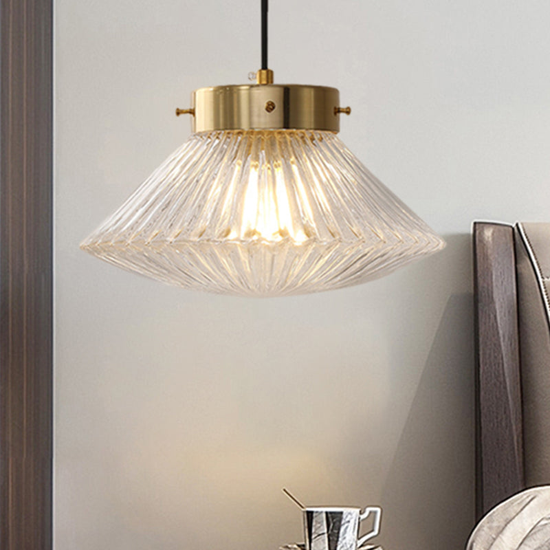 Postmodern 1 Head Drop Pendant Brass Conical Hanging Light Fixture with Clear Ribbed Glass Shade Clearhalo 'Ceiling Lights' 'Close To Ceiling Lights' 'Glass shade' 'Glass' 'Modern Pendants' 'Modern' 'Pendant Lights' 'Pendants' Lighting' 1135700