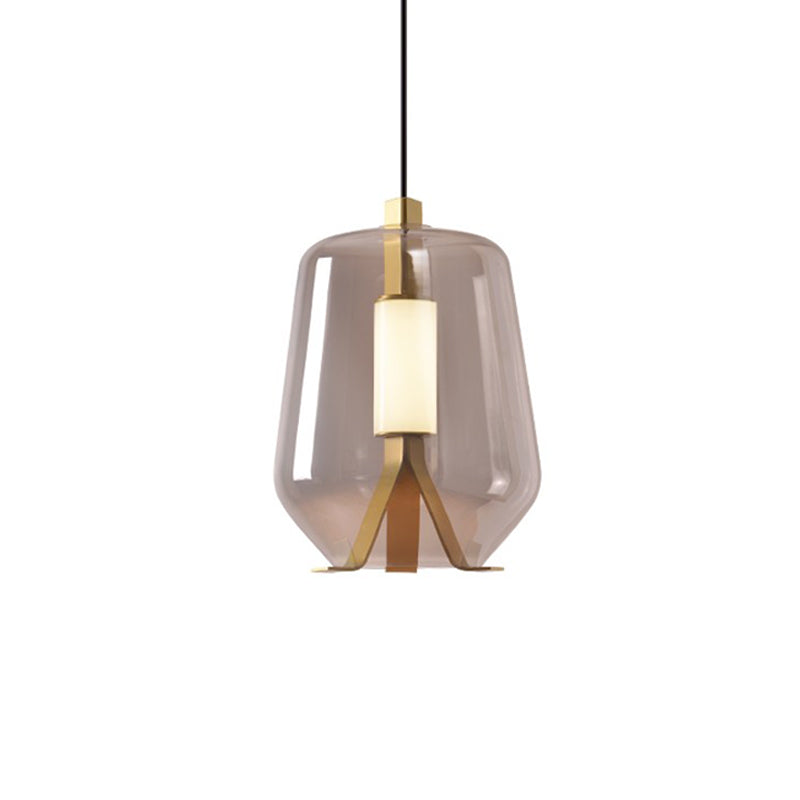 Dining Table LED Pendant Lighting Postmodern Brass Hanging Light with Bottle Smoke Grey/Cognac Glass Shade Clearhalo 'Ceiling Lights' 'Glass shade' 'Glass' 'Modern Pendants' 'Modern' 'Pendant Lights' 'Pendants' Lighting' 1135709