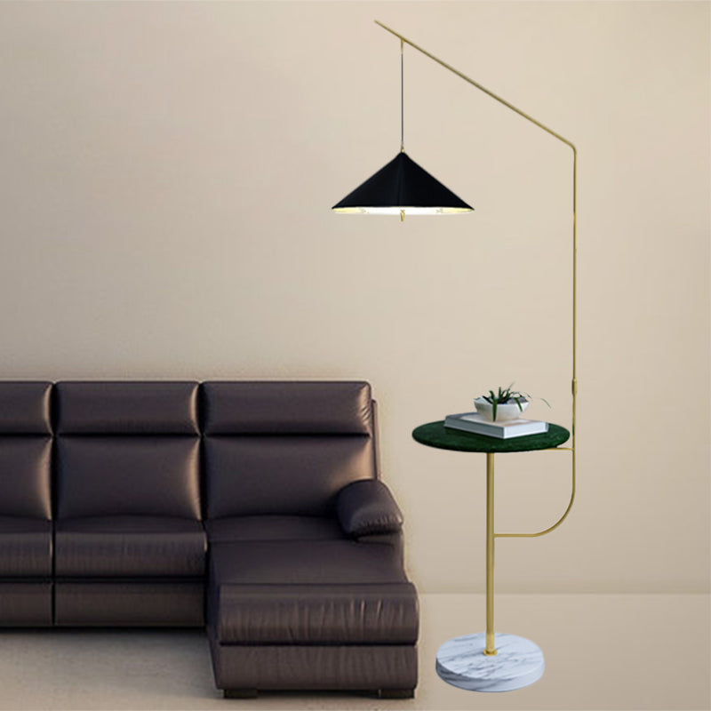 Metallic Conic Shade Floor Lighting Post Modern 1 Head Standing Floor Lamp in Black and Gold with Shelf Clearhalo 'Floor Lamps' 'Lamps' Lighting' 1135777