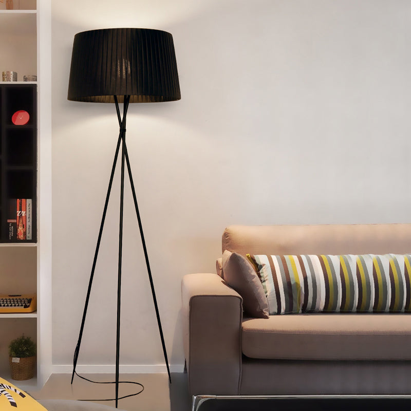 Drum Shade Fabric Floor Standing Light Modern Style 1 Bulb Pink/Black/Red Tripod Floor Lamp Black Clearhalo 'Floor Lamps' 'Lamps' Lighting' 1135784