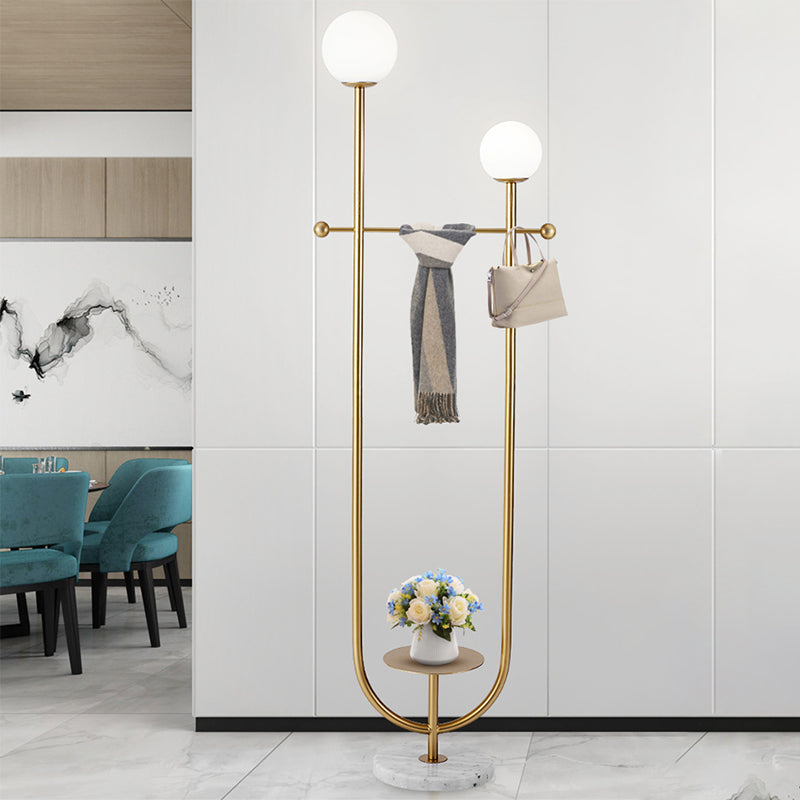 Spherical Standing Floor Light Postmodern Frosted Glass 2 Bulbs Gold U-Arm Standing Floor Lamp Clearhalo 'Floor Lamps' 'Lamps' Lighting' 1135907