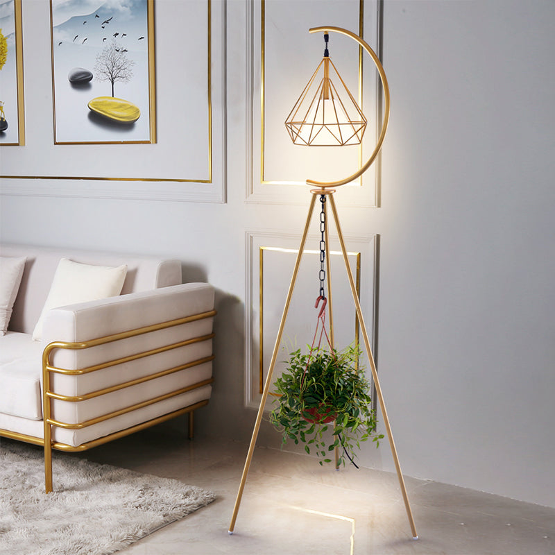 Black/Gold Finish Diamond Cage Floor Light Modernist 1 Light Metal Tri-Leg Standing Floor Lamp Clearhalo 'Floor Lamps' 'Lamps' Lighting' 1136271