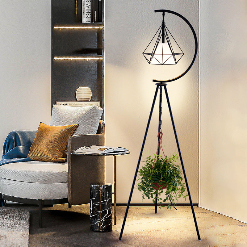 Black/Gold Finish Diamond Cage Floor Light Modernist 1 Light Metal Tri-Leg Standing Floor Lamp Clearhalo 'Floor Lamps' 'Lamps' Lighting' 1136275