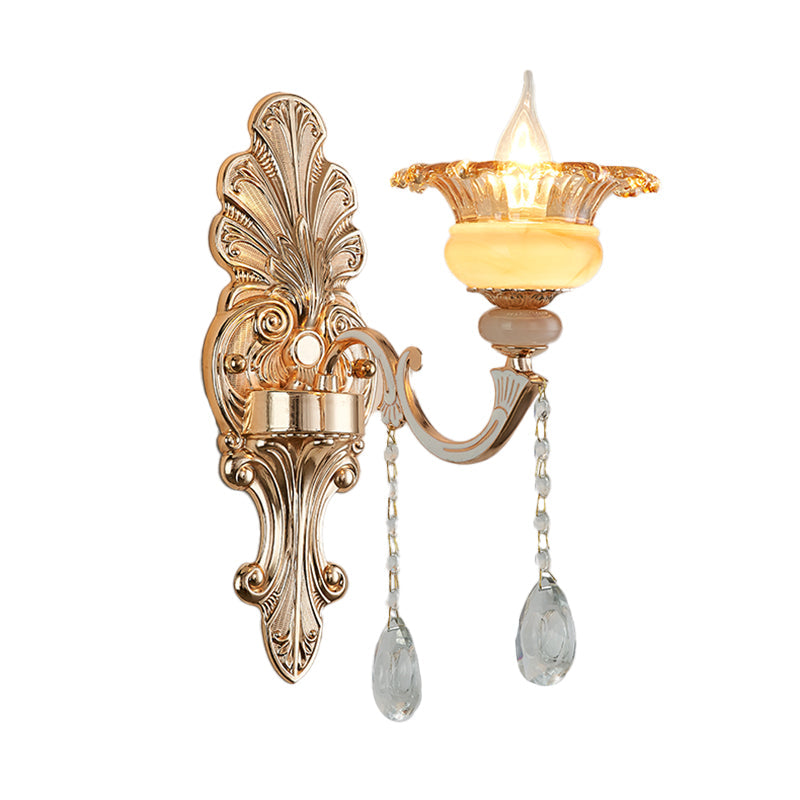 1/2-Head Wall Sconce Mid-Century Floral Crystal Wall Lighting Idea in Gold for Bedside Clearhalo 'Wall Lamps & Sconces' 'Wall Lights' Lighting' 1136287