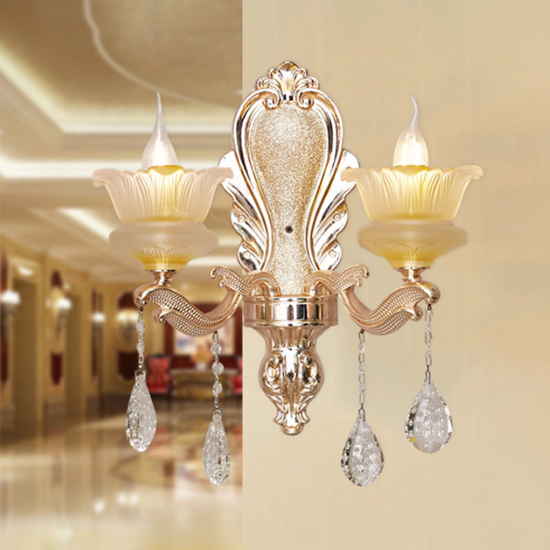 Mid Century Floral Wall Mount Lamp 2-Bulb Crystal Wall Sconce Lighting in Gold for Living Room Gold Clearhalo 'Wall Lamps & Sconces' 'Wall Lights' Lighting' 1136301