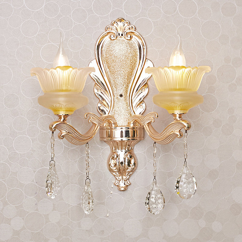 Mid Century Floral Wall Mount Lamp 2-Bulb Crystal Wall Sconce Lighting in Gold for Living Room Clearhalo 'Wall Lamps & Sconces' 'Wall Lights' Lighting' 1136302