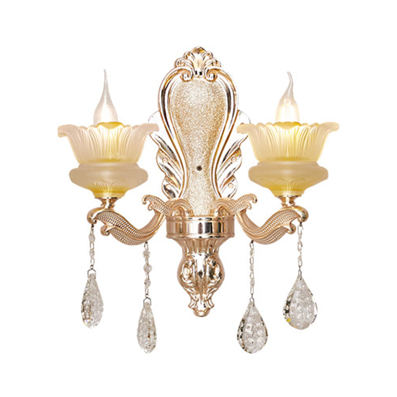 Mid Century Floral Wall Mount Lamp 2-Bulb Crystal Wall Sconce Lighting in Gold for Living Room Clearhalo 'Wall Lamps & Sconces' 'Wall Lights' Lighting' 1136303