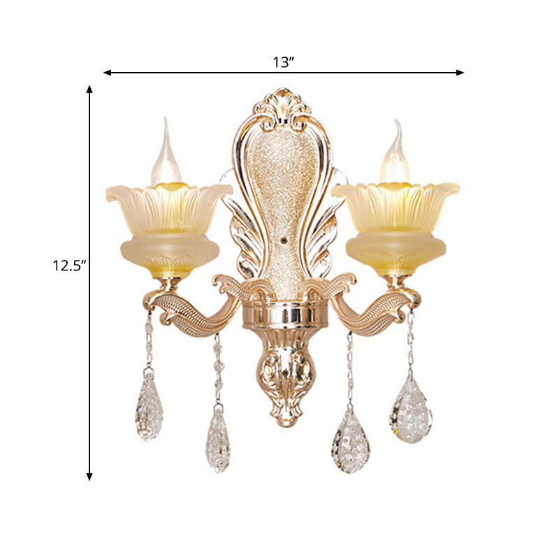 Mid Century Floral Wall Mount Lamp 2-Bulb Crystal Wall Sconce Lighting in Gold for Living Room Clearhalo 'Wall Lamps & Sconces' 'Wall Lights' Lighting' 1136304