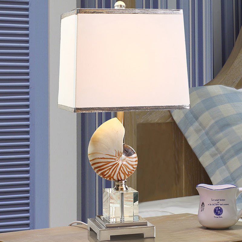 White 1 Head Night Table Light Rural Fabric Cuboid Nightstand Lamp with Decorative Nautilus Shell Clearhalo 'Lamps' 'Table Lamps' Lighting' 1136423