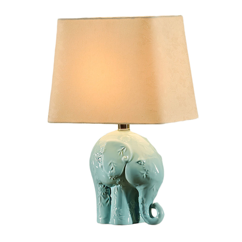 Ceramic Elephant Table Stand Lamp Farmhouse 1 Bulb Living Room Night Light in Blue with Trapezoid Fabric Shade Clearhalo 'Lamps' 'Table Lamps' Lighting' 1136444