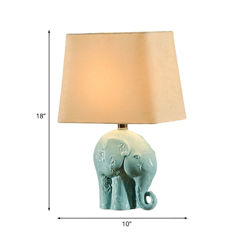 Ceramic Elephant Table Stand Lamp Farmhouse 1 Bulb Living Room Night Light in Blue with Trapezoid Fabric Shade Clearhalo 'Lamps' 'Table Lamps' Lighting' 1136445