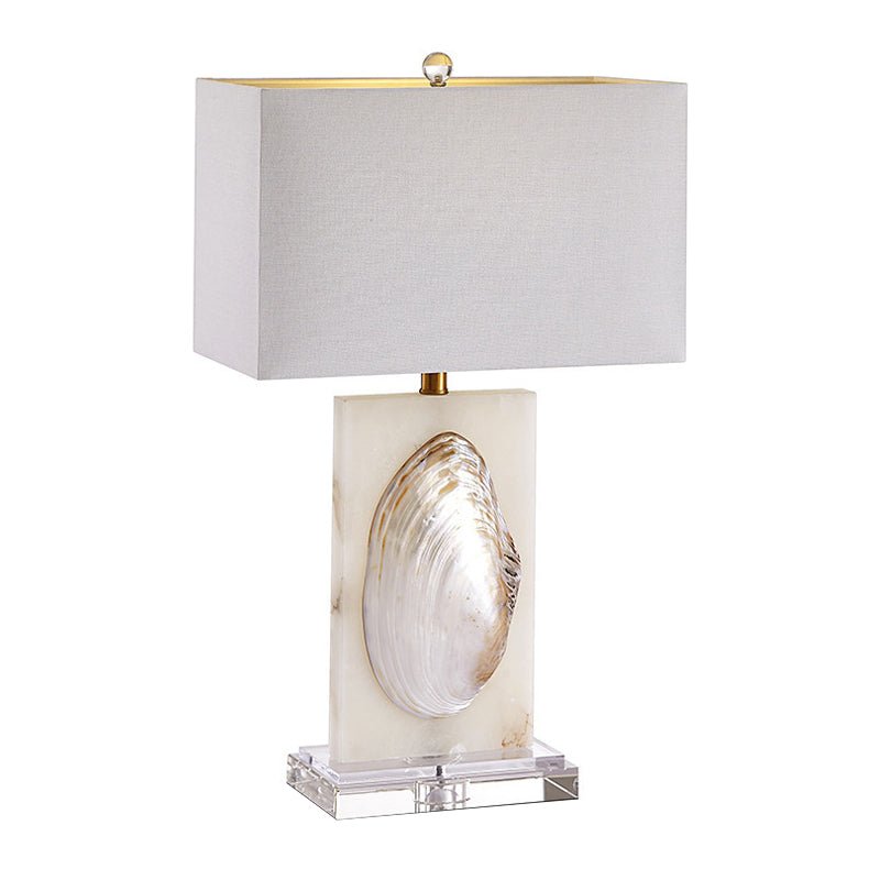 Rectangle Living Room Table Light French Country Fabric 1 Bulb White Nightstand Lamp with Shell Decoration Clearhalo 'Lamps' 'Table Lamps' Lighting' 1136459