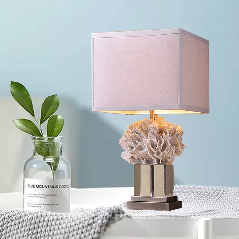 Single Resin Night Table Lamp Rustic White Seaweed Bedroom Nightstand Light with Cube Fabric Shade Clearhalo 'Lamps' 'Table Lamps' Lighting' 1136462