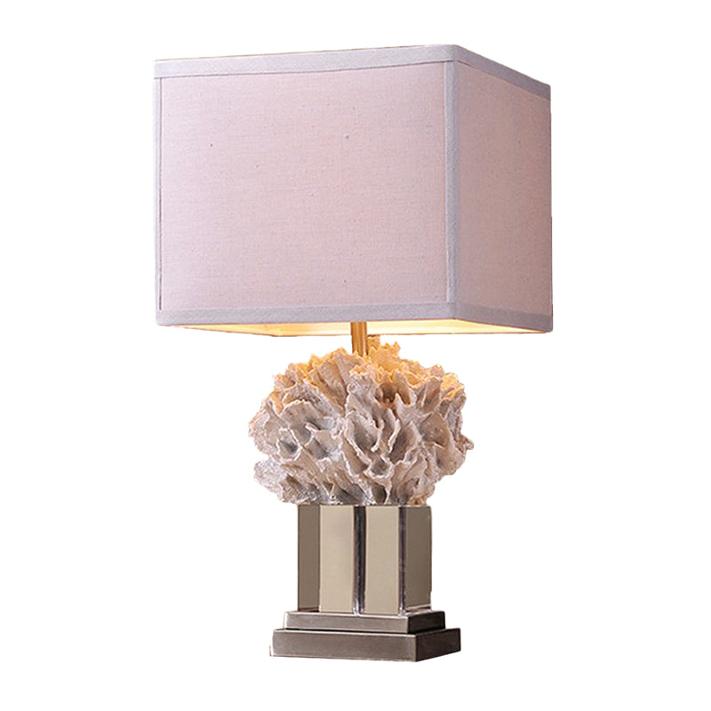 Single Resin Night Table Lamp Rustic White Seaweed Bedroom Nightstand Light with Cube Fabric Shade Clearhalo 'Lamps' 'Table Lamps' Lighting' 1136463