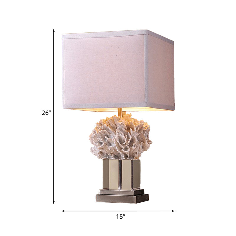 Single Resin Night Table Lamp Rustic White Seaweed Bedroom Nightstand Light with Cube Fabric Shade Clearhalo 'Lamps' 'Table Lamps' Lighting' 1136464