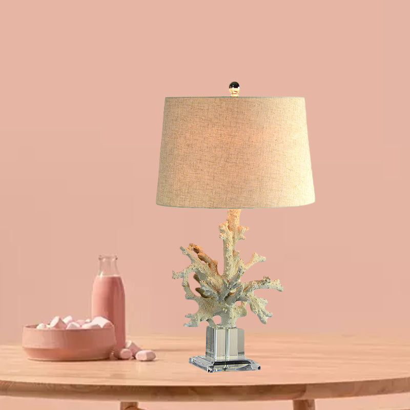 1-Head Table Lamp Country Family Room Night Light with Drum Fabric Shade and Coral Decor in Flaxen Flaxen Clearhalo 'Lamps' 'Table Lamps' Lighting' 1136465