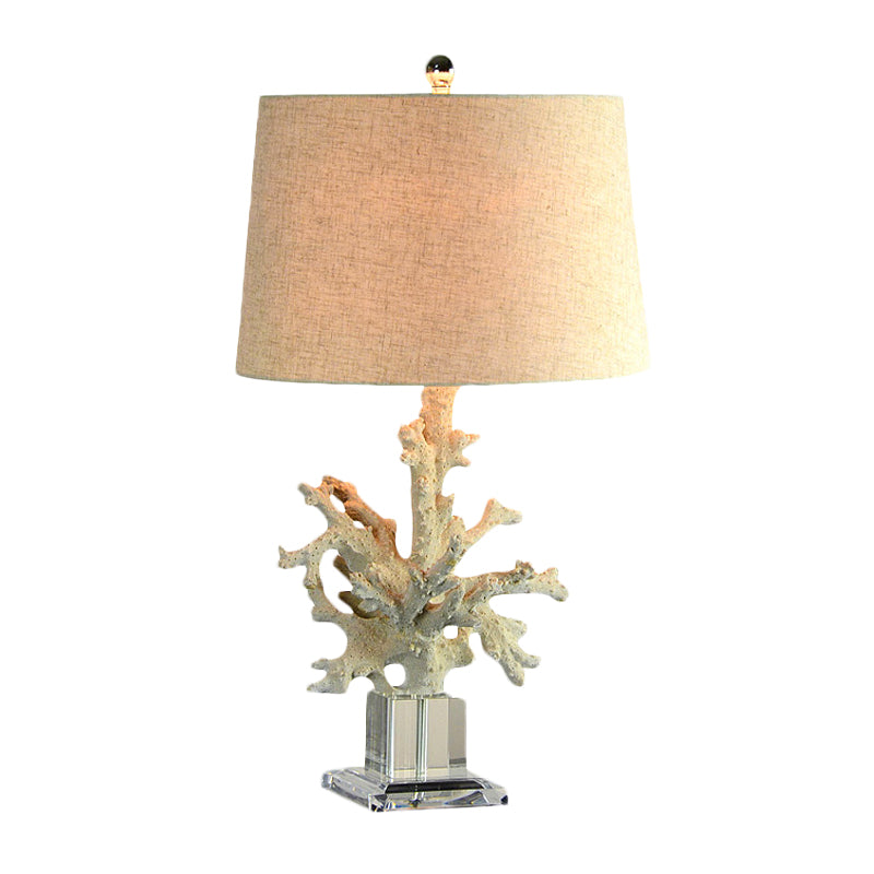 1-Head Table Lamp Country Family Room Night Light with Drum Fabric Shade and Coral Decor in Flaxen Clearhalo 'Lamps' 'Table Lamps' Lighting' 1136467