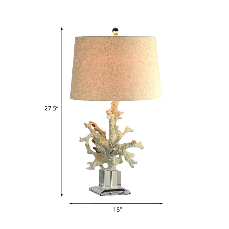 1-Head Table Lamp Country Family Room Night Light with Drum Fabric Shade and Coral Decor in Flaxen Clearhalo 'Lamps' 'Table Lamps' Lighting' 1136468