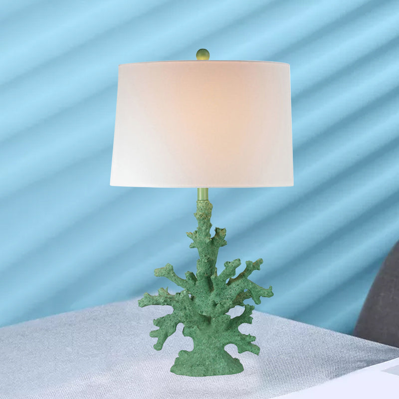 Resin Green/Red Table Lighting Coral 1 Bulb Countryside Night Stand Lamp with Drum Fabric Shade Green Clearhalo 'Lamps' 'Table Lamps' Lighting' 1136476