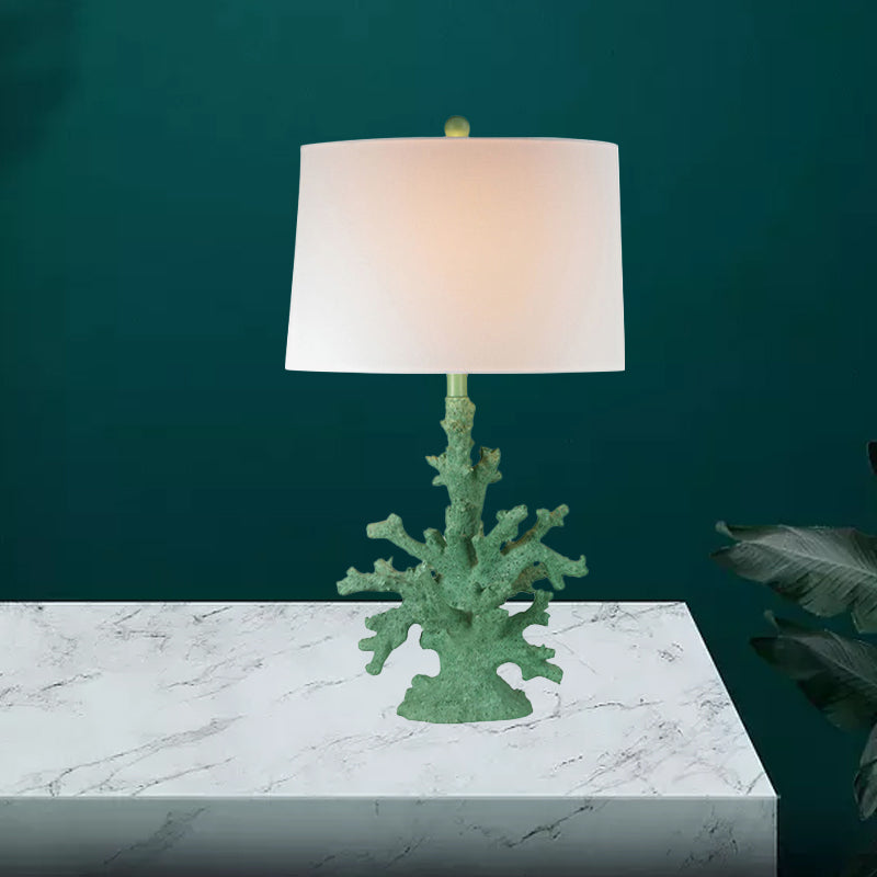 Resin Green/Red Table Lighting Coral 1 Bulb Countryside Night Stand Lamp with Drum Fabric Shade Clearhalo 'Lamps' 'Table Lamps' Lighting' 1136477