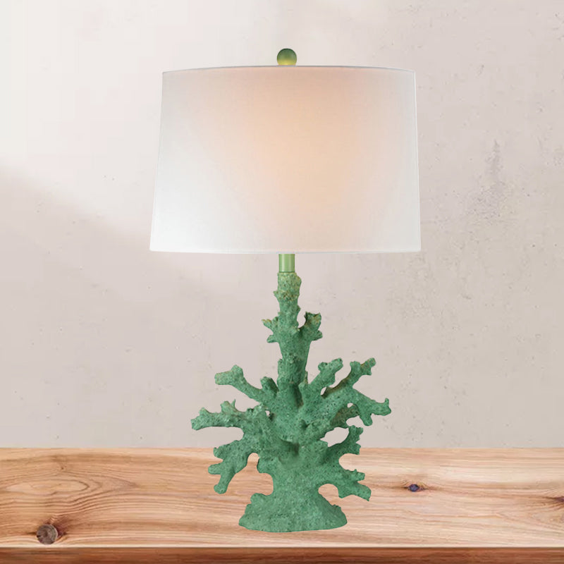 Resin Green/Red Table Lighting Coral 1 Bulb Countryside Night Stand Lamp with Drum Fabric Shade Clearhalo 'Lamps' 'Table Lamps' Lighting' 1136478