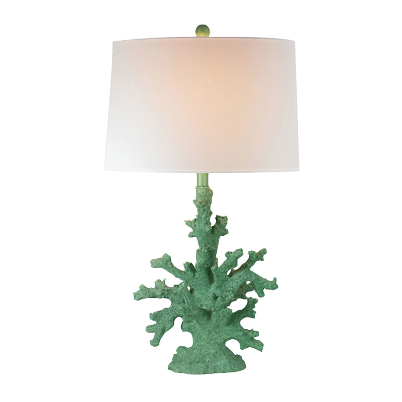Resin Green/Red Table Lighting Coral 1 Bulb Countryside Night Stand Lamp with Drum Fabric Shade Clearhalo 'Lamps' 'Table Lamps' Lighting' 1136479